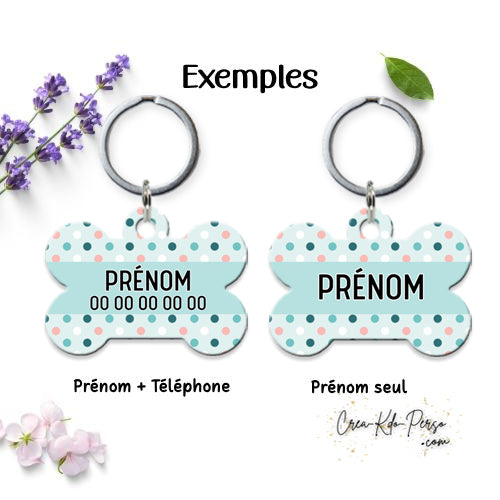 Médaille pendentif chien personnalisée motif à pois forme os