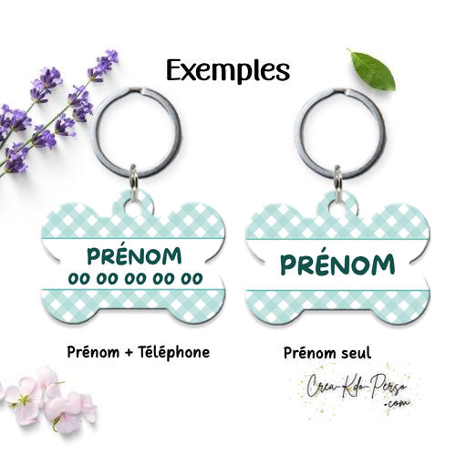 Médaille pendentif chien personnalisée motif carreaux vichy vert forme os