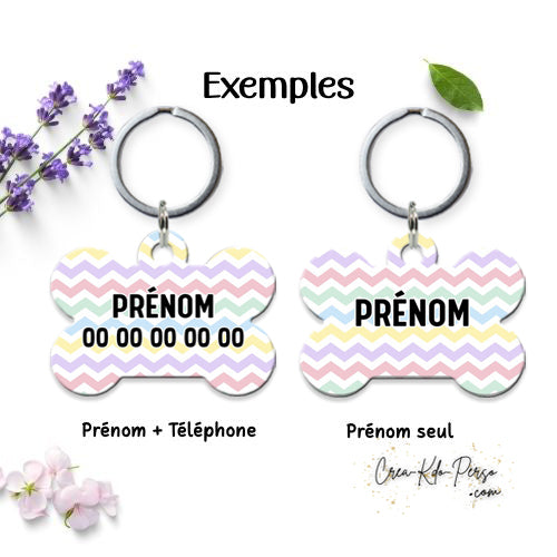 Médaille pendentif chien personnalisée motif zig zag coloré forme os