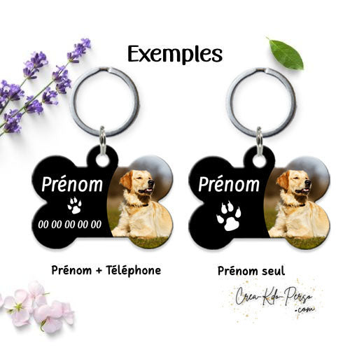 Médaille pendentif chien personnalisée photo forme os fond noir