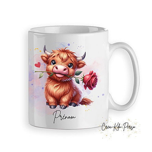 Mug Vache Highland avec rose rouge personnalisable prénom