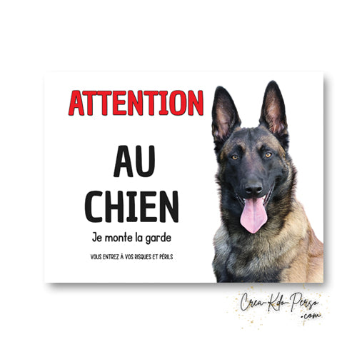 Plaque en aluminium blanc Attention au Chien Je monte la garde avec portrait de Berger Belge Malinois et avertissement Vous entrez à vos risques et périls