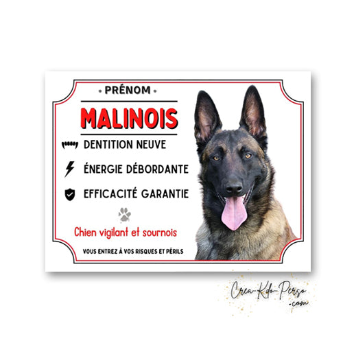 Plaque humoristique en aluminium Malinois Dentition neuve, Énergie débordante, Efficacité garantie, Chien vigilant et sournois avec portrait de Berger Belge et mention Vous entrez à vos risques et périls