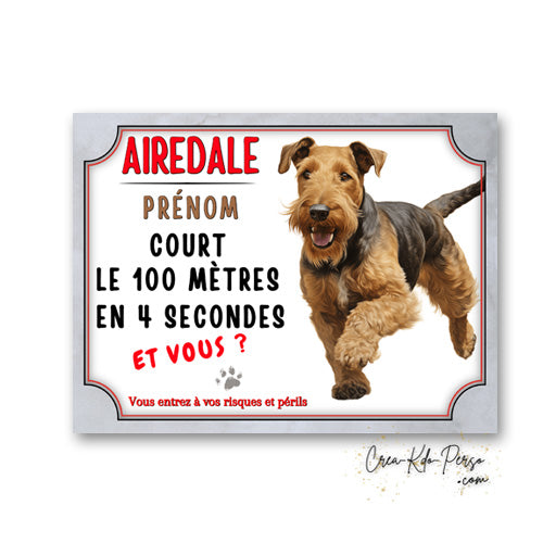 Plaque de portail Airedale cours le 100 mètres panneau humour Attention au chien