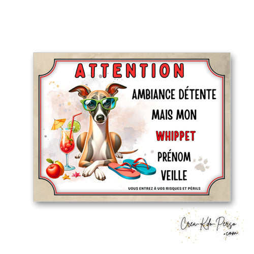 plaque panneau humour attention chien whippet veille ambiance detente prenom