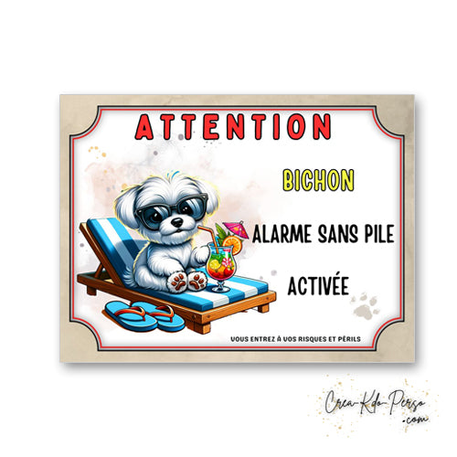Plaque Humour 'Attention Au Chien' Avec Bichon Rebelle - Aluminium 15x20 Cm - Personnalisable Avec Prénom - Pour Porte, Jardin, Déco