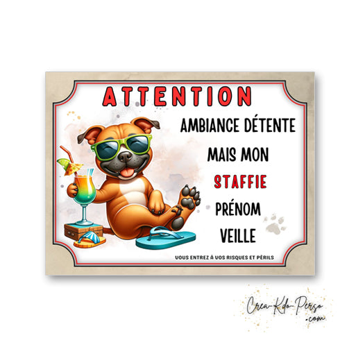 plaque panneau humour attention chien staffie veille ambiance detente