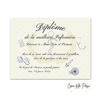 Diplôme à personnaliser cadeau infirmière infirmier