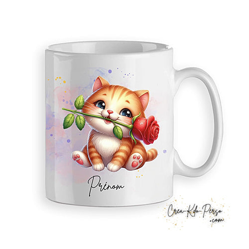 Mug chaton chat avec rose rouge personnalisable prénom