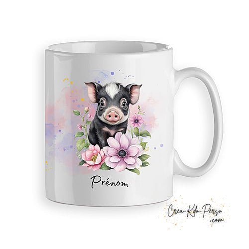 Mug cochon noir et rose mignon décoration florale personnalisable prénom