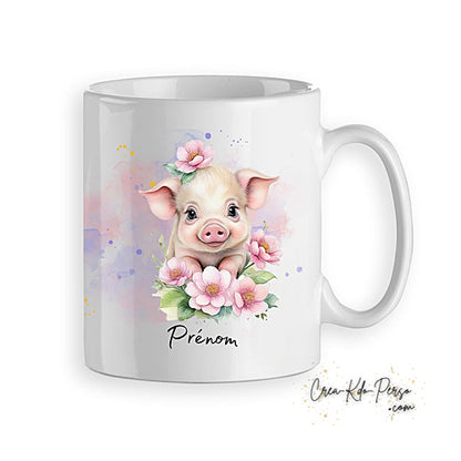 Mug cochon mignon avec  décorations de fleurs personnalisable prénom