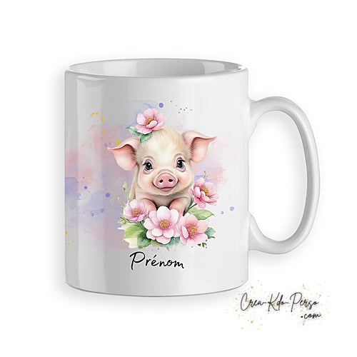 Mug cochon mignon avec  décorations de fleurs personnalisable prénom