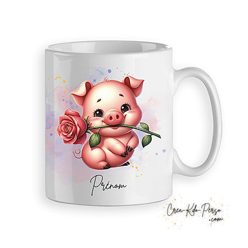 Mug cochon mignon avec rose personnalisable prénom