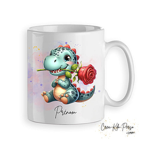 Mug cadeau Dinosaure mignon avec une rose rouge personnalisé