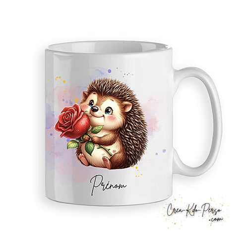 Mug Hérisson mignon avec fleur rouge personnalisé