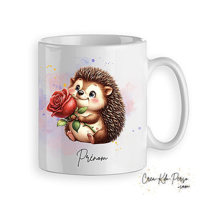 Mug Hérisson mignon avec fleur rouge personnalisé