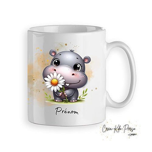 Mug cadeau Hippopotame mignon avec une fleur personnalisé