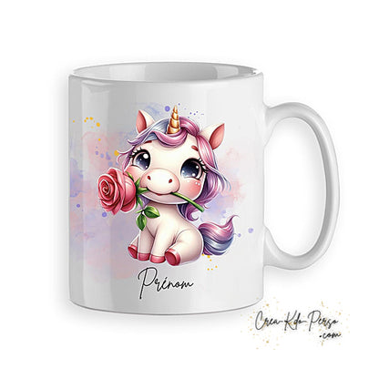Mug licorne avec rose rouge personnalisable prénom