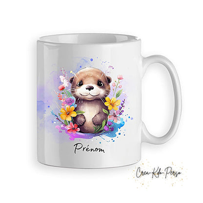 Mug Loutre mignonne décoration florale aquarelle personnalisé