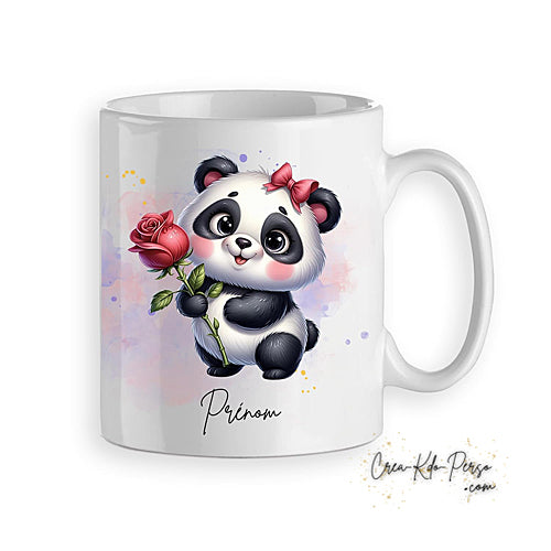 Mug cadeau Panda mignon avec une rose rouge personnalisé