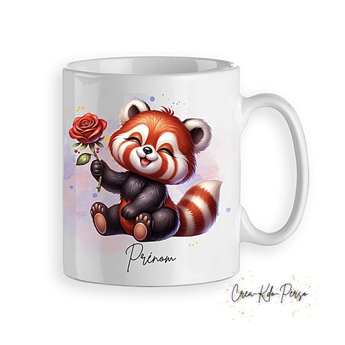 Mug cadeau Panda roux mignon avec une rose rouge personnalisé