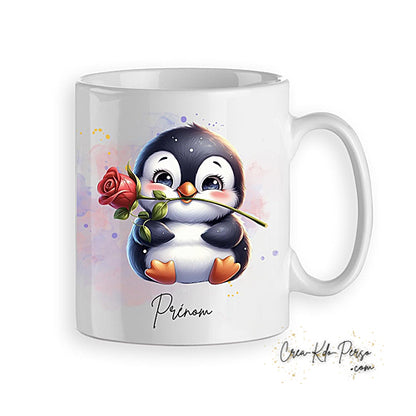 Mug cadeau Pingouin mignon avec une rose rouge personnalisé