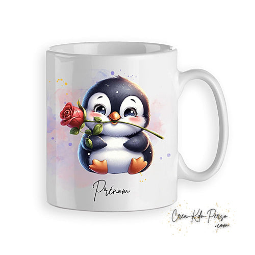 Mug cadeau Pingouin mignon avec une rose rouge personnalisé