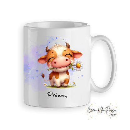 Mug Vache mignonne avec fleur personnalisable prénom