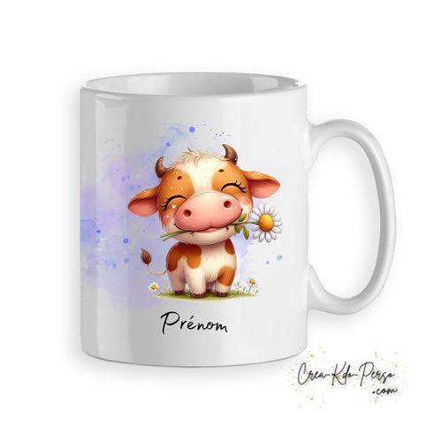 Mug Vache mignonne avec fleur personnalisable prénom