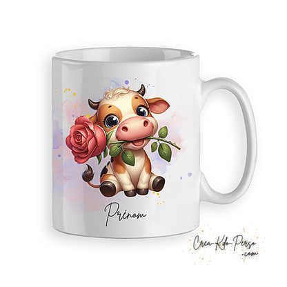 Mug Vache mignonne avec rose personnalisable prénom