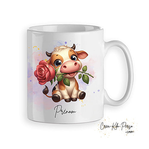 Mug Vache mignonne avec rose personnalisable prénom