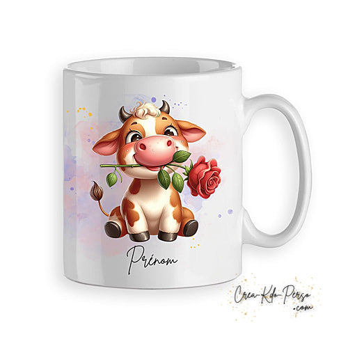 Mug Vache rigolote avec rose personnalisable prénom