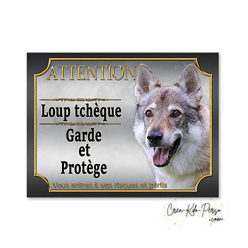 Plaque de portail loup  tcheque Attention au chien panneau je monte la garde