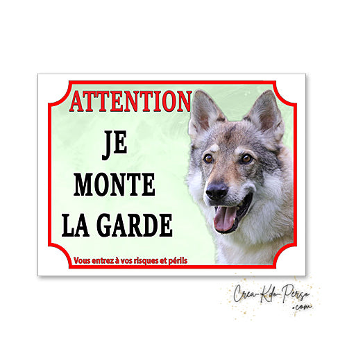 Plaque de portail loup  tcheque Attention au chien panneau je monte la garde