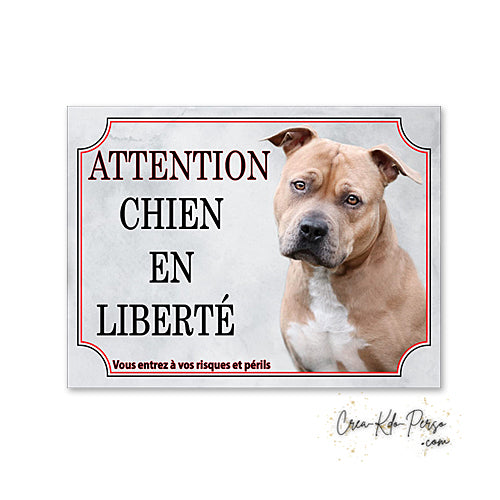 Plaque Attention au Chien American Staff fauve en liberté