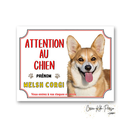 Plaque Attention au Chien Welsh Corgi