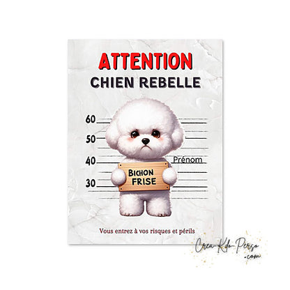 Plaque humour Attention Bichon Frisé rebelle prisonnier (Modèle1)