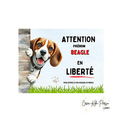 Plaque Attention au Chien Beagle en liberté (Modèle2)