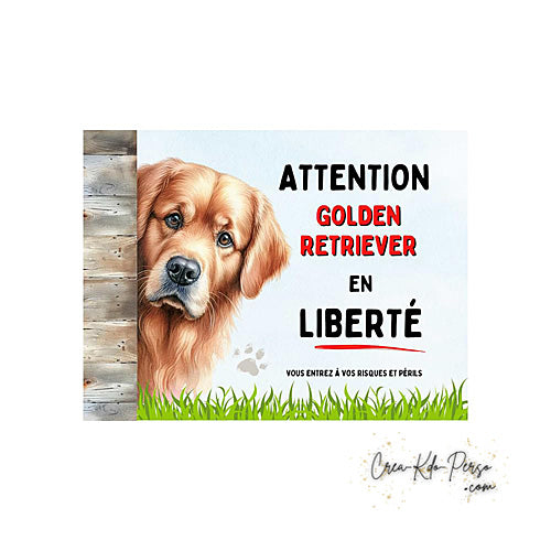 Plaque Golden Retriever panneau de portail Attention au chien