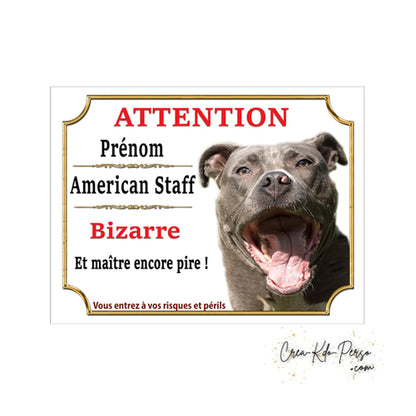 Plaque humour Attention Chien American Staff bleu bizarre le maitre est pire