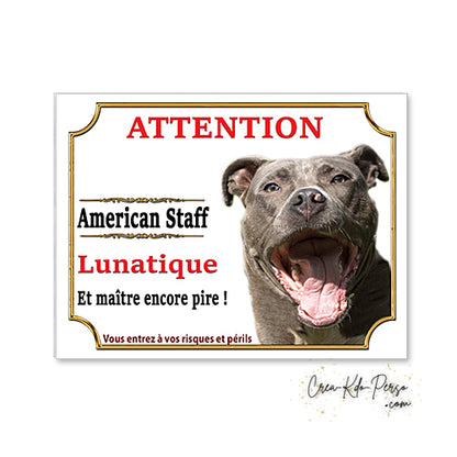 Plaque humour Attention Chien American Staff  bleu lunatique le maitre est pire