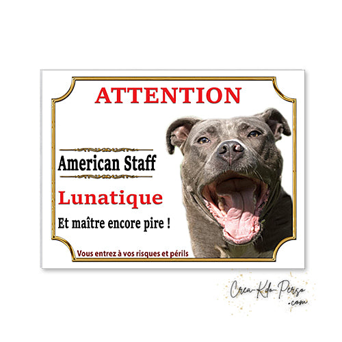 Plaque humour Attention Chien American Staff  bleu lunatique le maitre est pire