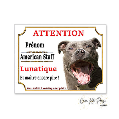 Plaque humour Attention Chien American Staff  bleu lunatique le maitre est pire