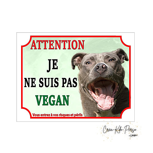 Plaque humour Attention Chien American Staff bleu pas vegan