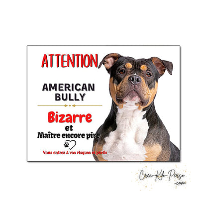 Plaque humour Attention au Chien American Bully bizarre le maître est pire