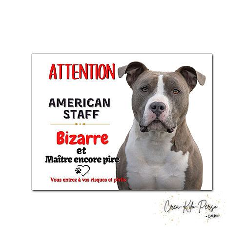 Plaque humour Attention Chien American Staff  bleu et blanc bizarre le maitre est pire