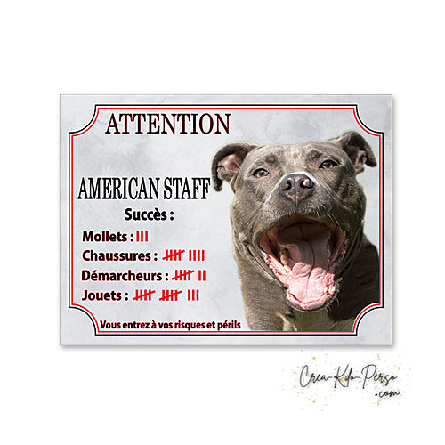 Plaque humour Attention au Chien American Staff bleu compte ses trophées à ce jour