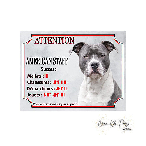 Plaque humour Attention au Chien American Staff  compte ses trophées à ce jour modèle bleu blanc