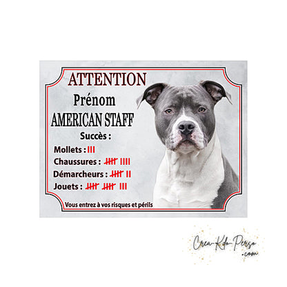 Plaque humour Attention au Chien American Staff  compte ses trophées à ce jour modèle bleu blanc