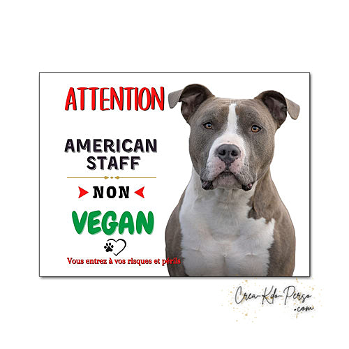Plaque humour Attention Chien American Staff pas vegan modèle bleu blanc